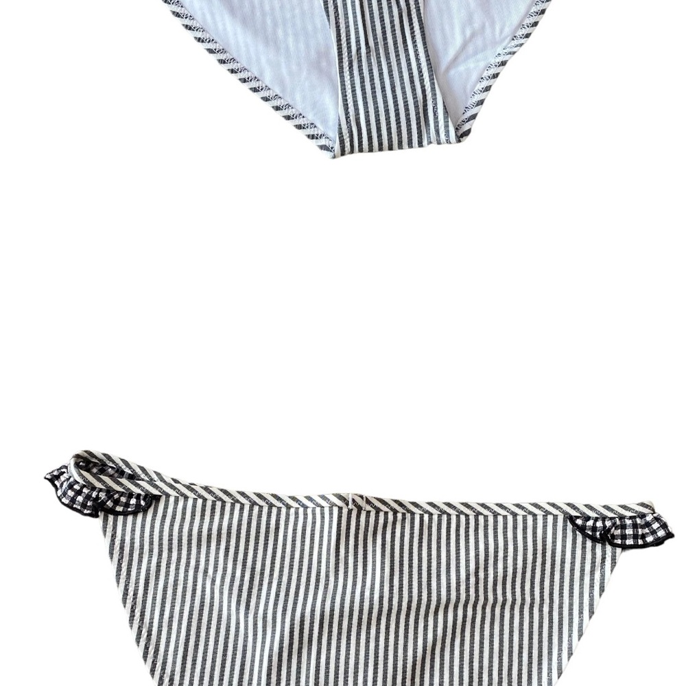36A.- Aerie Seersucker Stripped Ruffle Bikini Bottom. Black - Picture 3 of 5